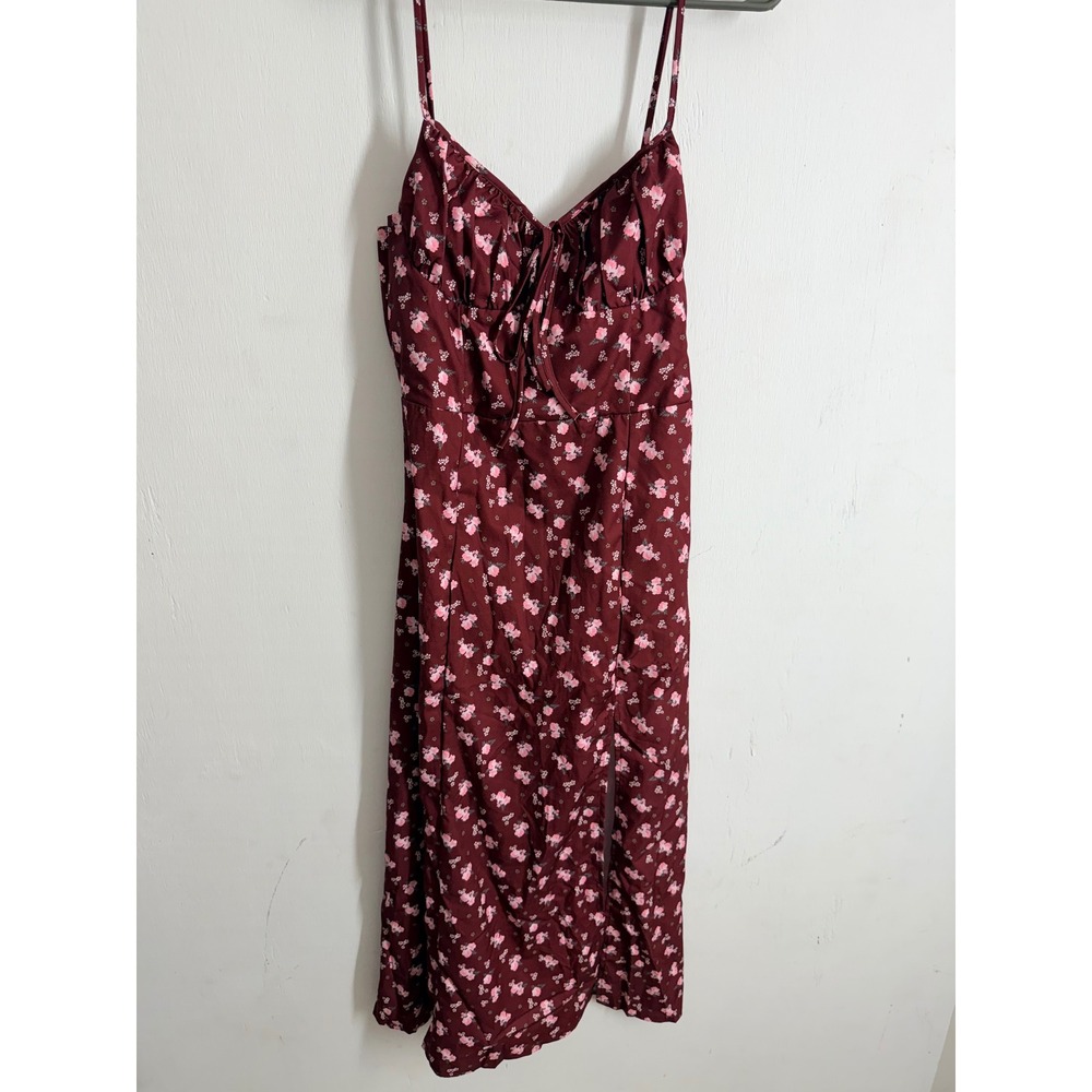 Burgundy Floral Midi Dress Sweetheart Neckline Side Slit Pink Flower Print L